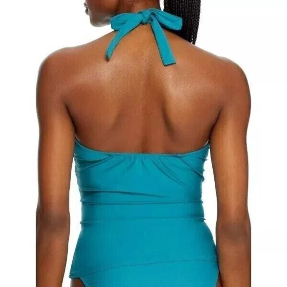 Birdsong Size 34G Teal Blue Ruffle Halter Underwire Tankini Swim Top Ruched - Picture 2 of 11
